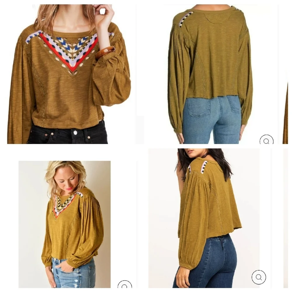 NWT Free People linen-blend Embroidered top in Moss Combo.‎